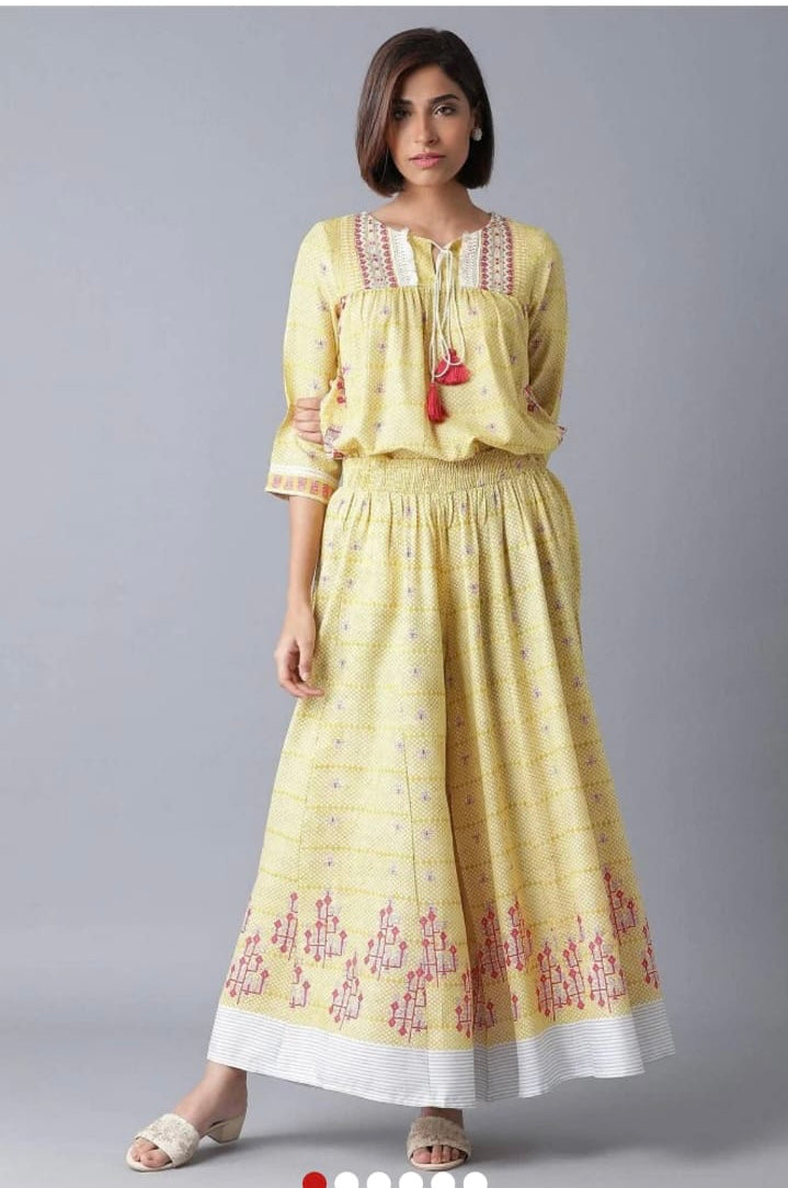Unique Cotton Blend Macaroon Yellow Top & Plazo Set - Size 34 (XS)