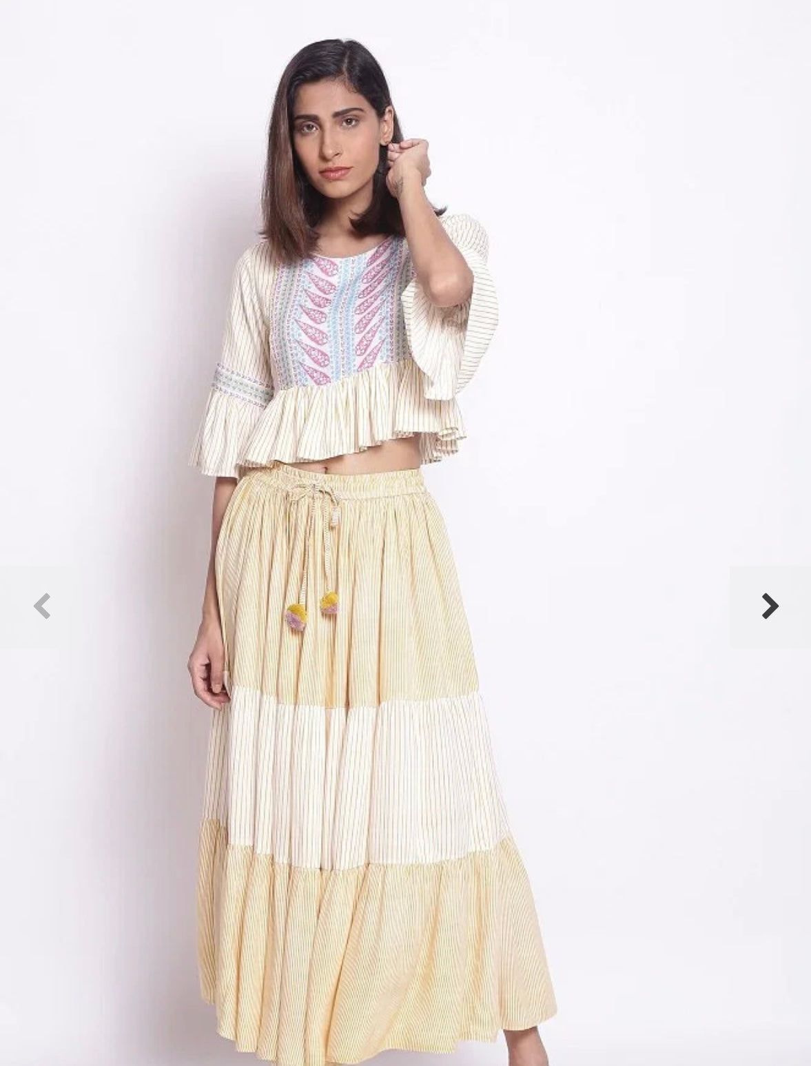 Unique Cotton Blend Corn Yellow & Off White Flutter Sleeves Peplum Crop-Top & Skirt Set - Size 42 (XL)