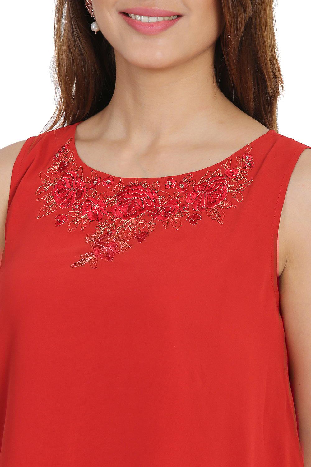 BIBA Red & Golden Sleeveless Georgette Blouse And Lehenga Set - Size 40(L)