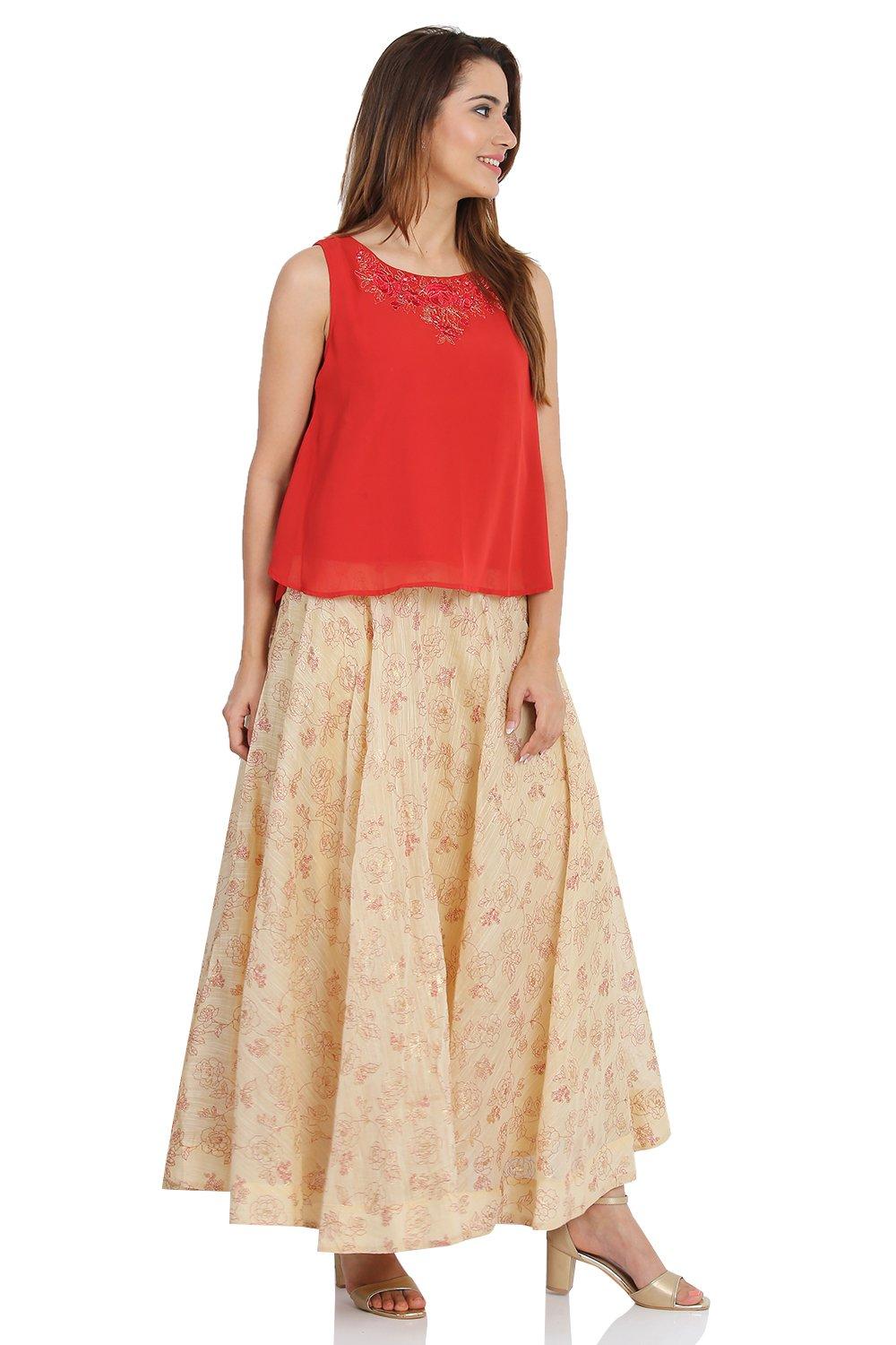 BIBA Red & Golden Sleeveless Georgette Blouse And Lehenga Set - Size 40(L)
