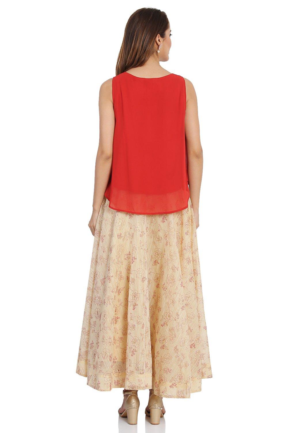 BIBA Red & Golden Sleeveless Georgette Blouse And Lehenga Set - Size 40(L)