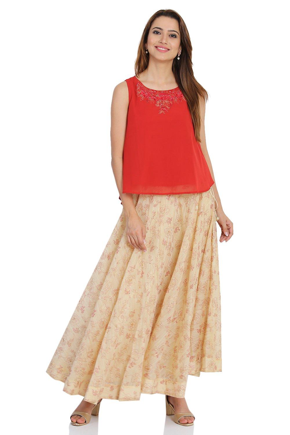 BIBA Red & Golden Sleeveless Georgette Blouse And Lehenga Set - Size 40(L)
