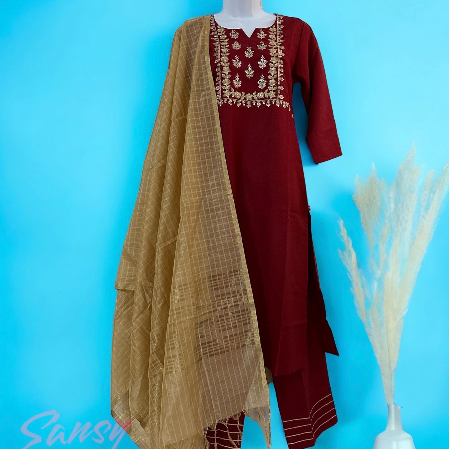 Maroon Cotton Silk Kurti, Pant & Dupatta Set - Size 36 (S)