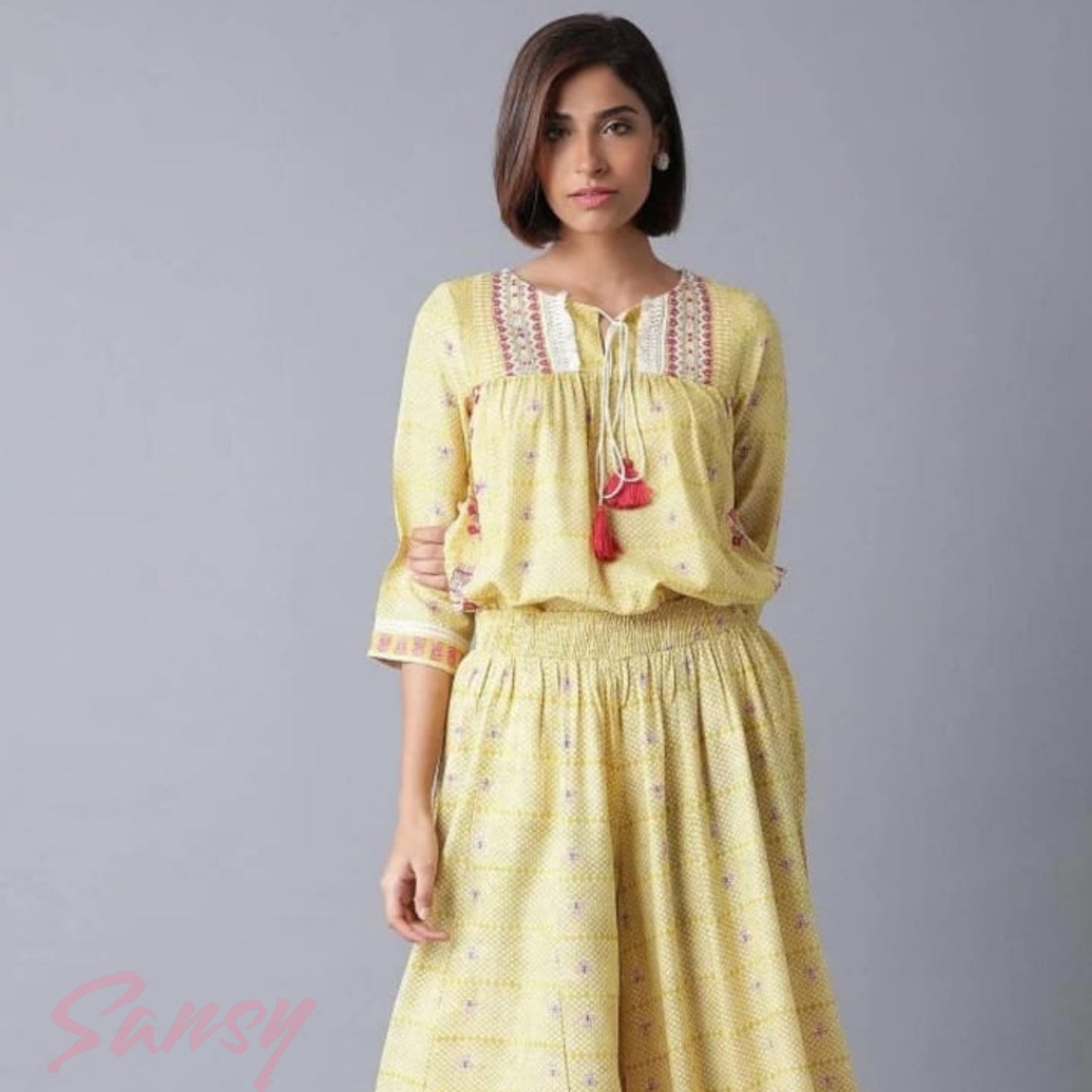 Unique Cotton Blend Macaroon Yellow Top & Plazo Set - Size 34 (XS)