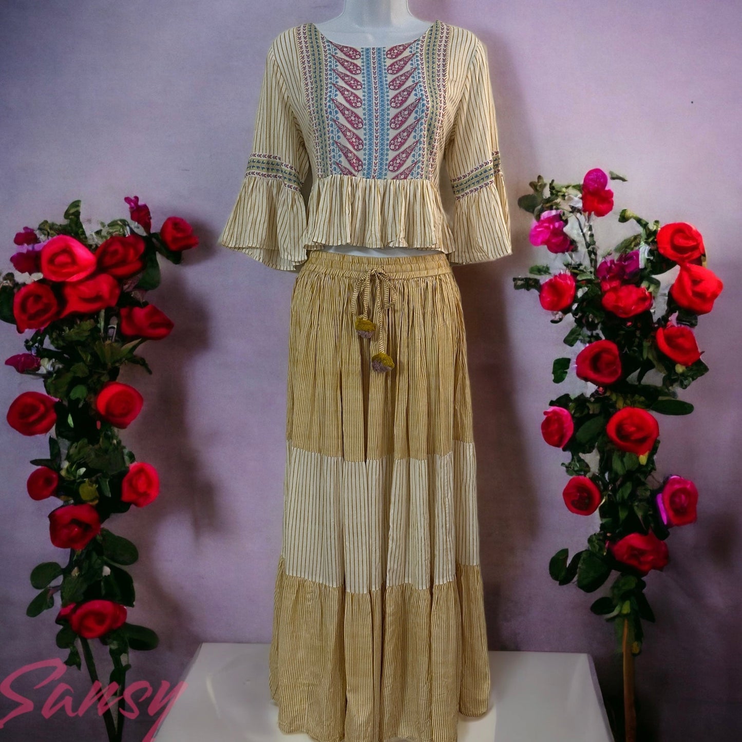 Unique Cotton Blend Corn Yellow & Off White Flutter Sleeves Peplum Crop-Top & Skirt Set - Size 42 (XL)