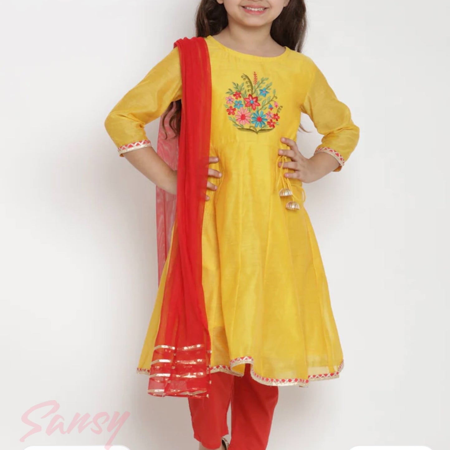 Graceful Yellow Silk Kurta, Churidar & Dupatta Set - Size 15 YO