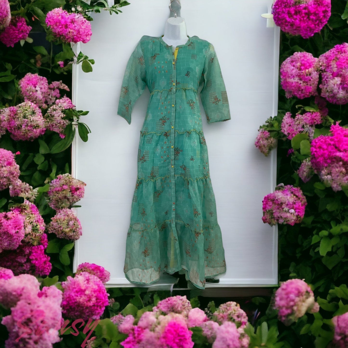 Beautiful Turquoise Cotton Blend Gown Set - Size 38(M)