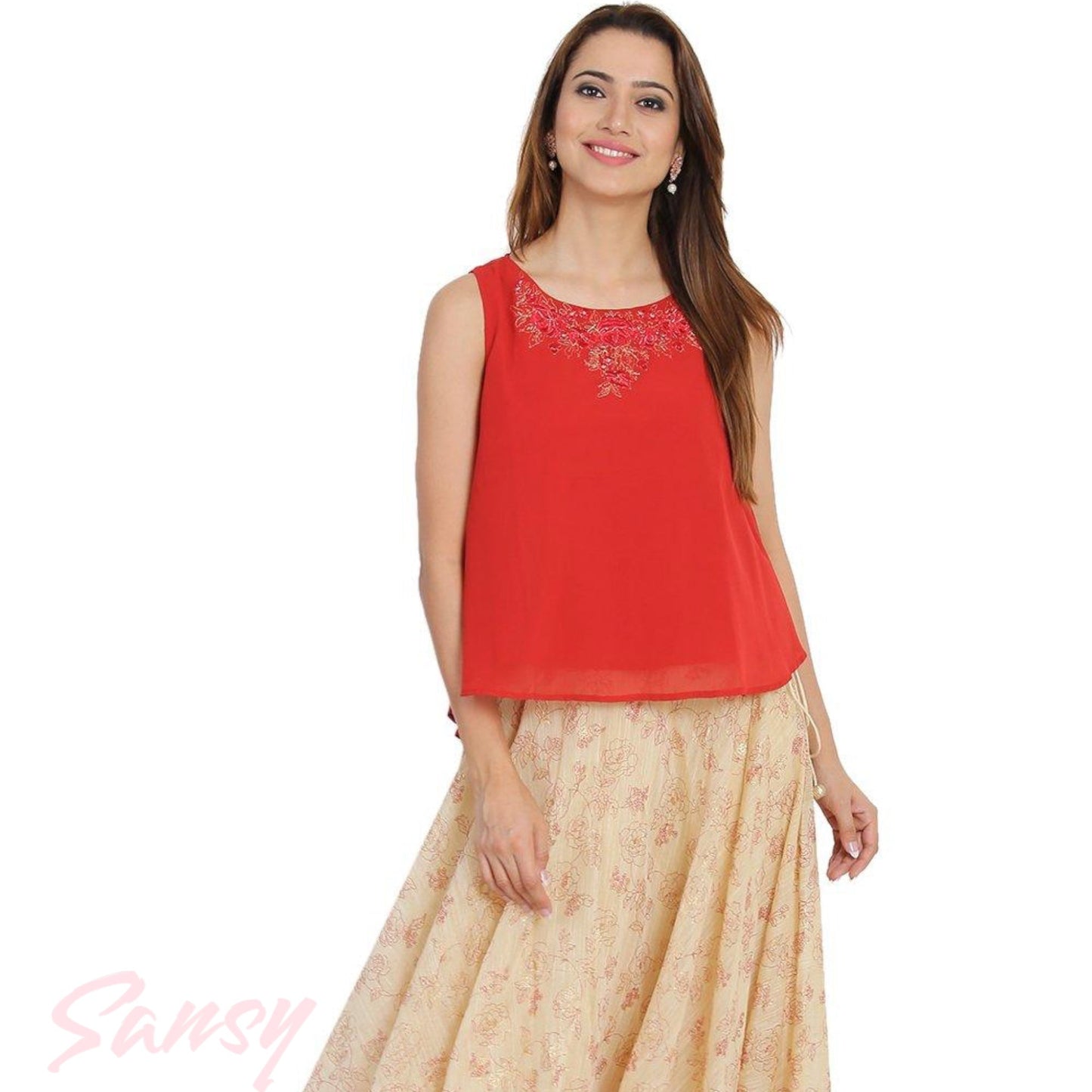 BIBA Red & Golden Sleeveless Georgette Blouse And Lehenga Set - Size 40(L)