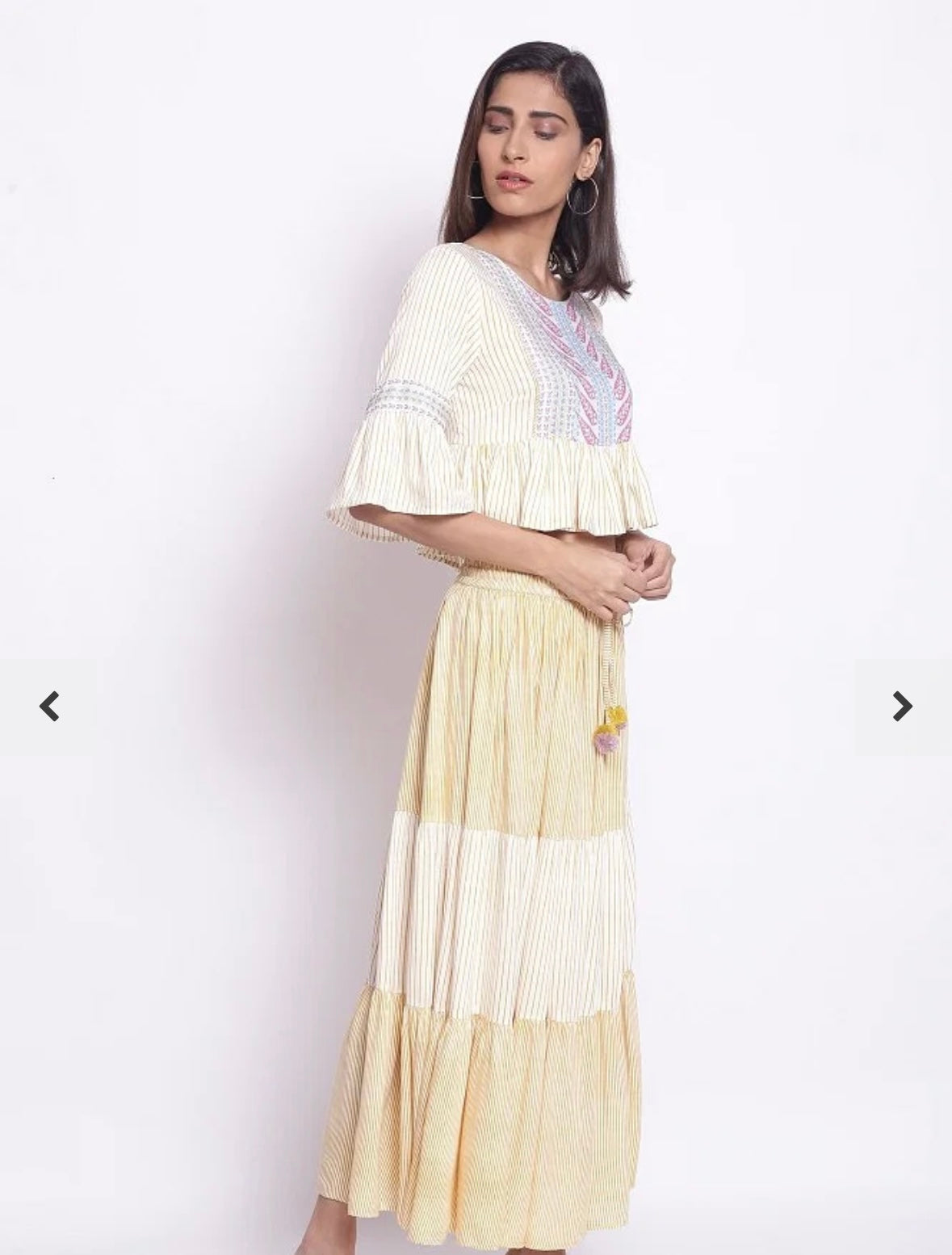Unique Cotton Blend Corn Yellow & Off White Flutter Sleeves Peplum Crop-Top & Skirt Set - Size 42 (XL)