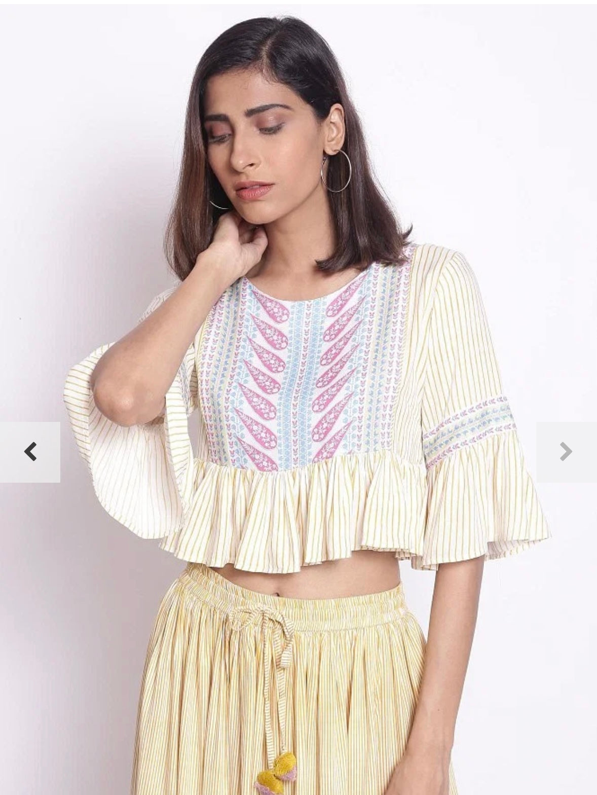 Unique Cotton Blend Corn Yellow & Off White Flutter Sleeves Peplum Crop-Top & Skirt Set - Size 42 (XL)