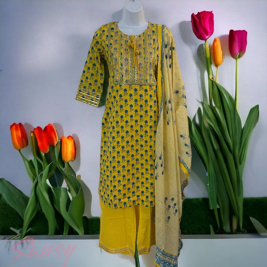 Exquisite Yellow Premium Cotton Kurti, Pant & Dupatta Set - Size 36 (S)