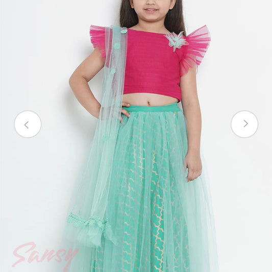 Cute Sea Green & Pink Blouse, Lehenga & Dupatta Set - Size 8/9 YO