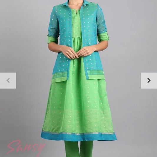 W Brand Green and Blue Cotton Salwar Suit Set - Size 34(XS)